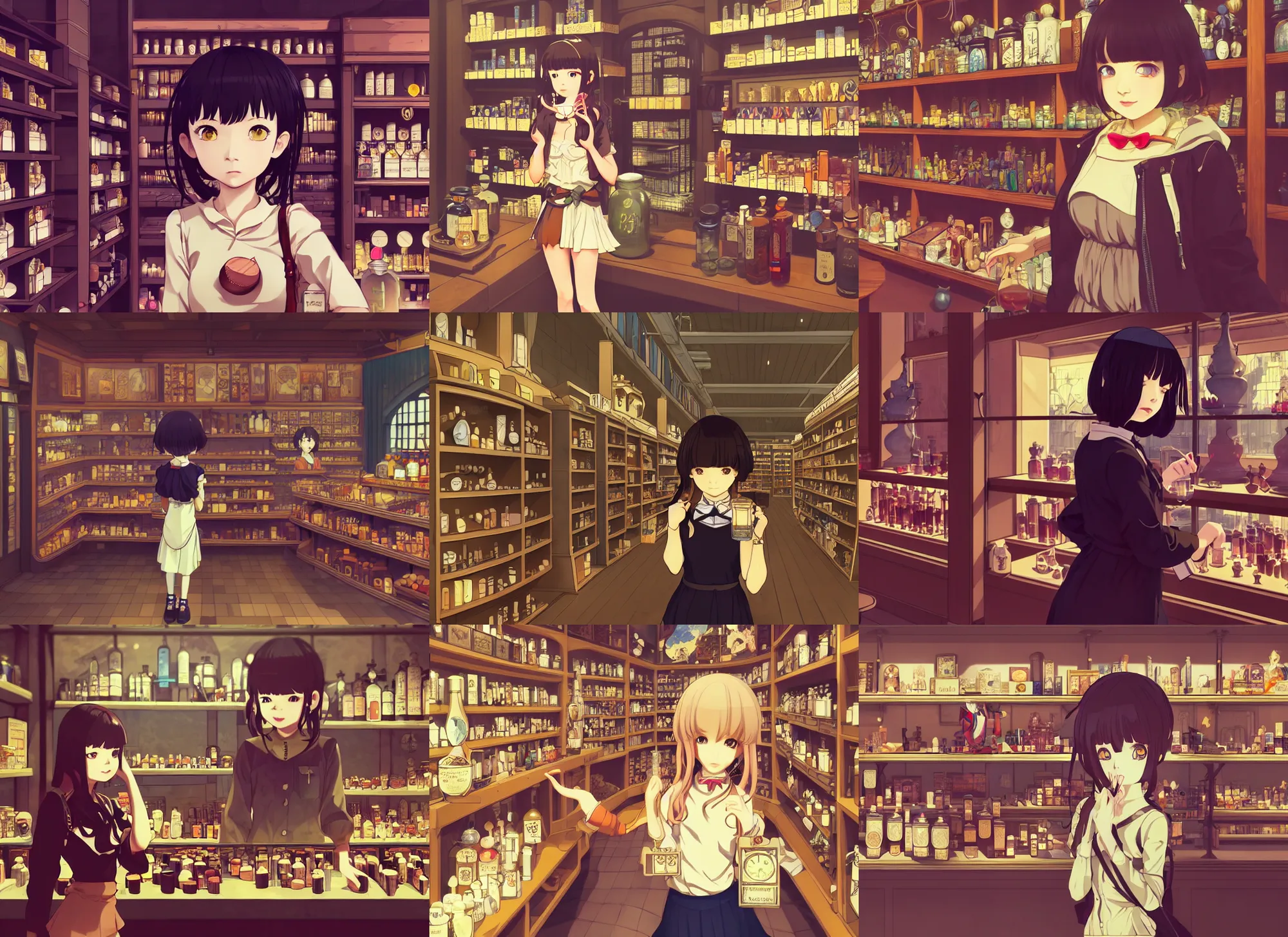 Prompt: flat shading, anime frames, portrait of a young female traveler in a alchemist's potion shop interior shopping, cute face by ilya kuvshinov and yoshinari yoh, mucha, moody, dynamic perspective pose, lomography, hdr, detailed