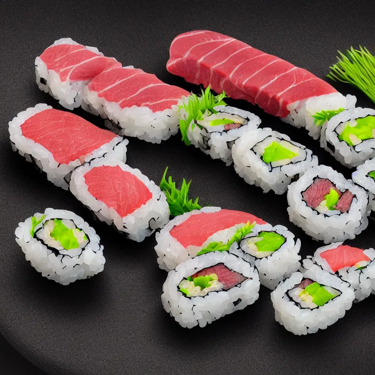 Prompt: photorealistic image of wagyu beef sushi, award winning michelin star food photography, 8 k