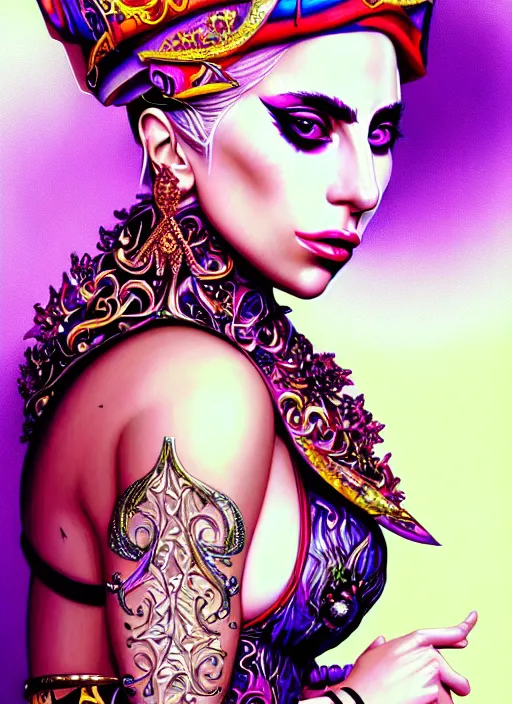 Image similar to portrait of Lady Gaga, Maximalism, orientalism, diffuse lighting, fantasy, intricate, elegant, highly detailed, lifelike, photorealistic, digital painting, artstation, illustration, concept art, smooth, sharp focus