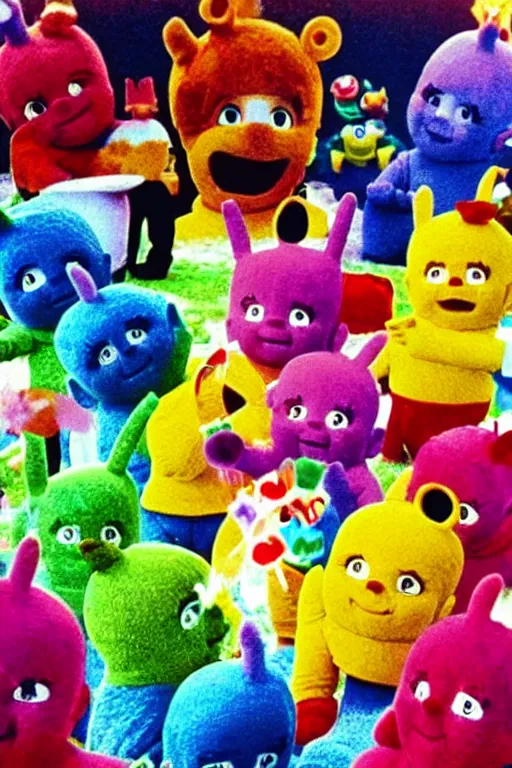Image similar to Teletubbies gathered in a circle and evoke Satan, VHS effect, old tube TV screen, realistic materials, attention to detail, detailed depth of field, high-quality composition