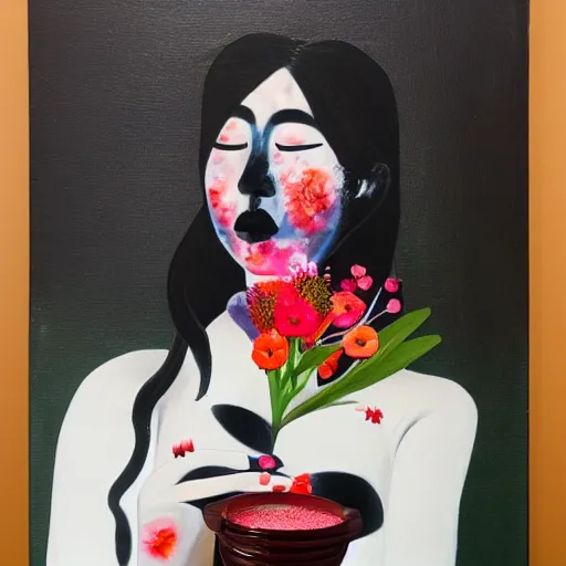 Prompt: “art in an Australian artist’s apartment, portrait of a woman wearing black silk cloth, eating luscious fresh raspberries and strawberries and blueberries, white wax, edible flowers, Japanese pottery, Australian native flowers ikebana, black walls, acrylic and spray paint and oilstick on canvas”