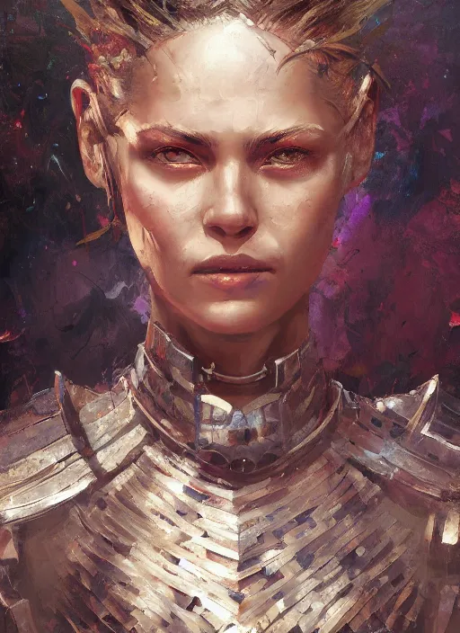 Prompt: Oil painting of a female human warrior, portrait, D&D, Magic The Gathering, by Craig Mullins, Nekro, Victo Ngai, centered, symmetrical, 8k, sharp focus