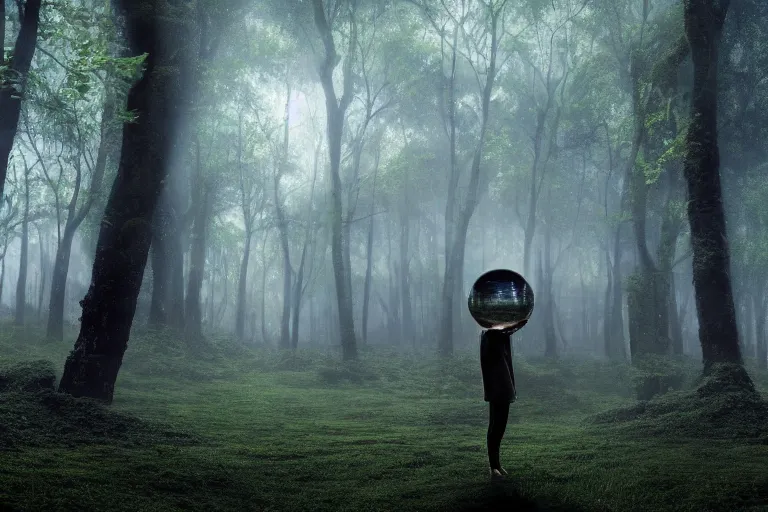 Prompt: a tourist visiting a complex organic fractal 3 d ceramic sphere floating in a lush forest, foggy, cinematic shot, photo still from movie by denis villeneuve