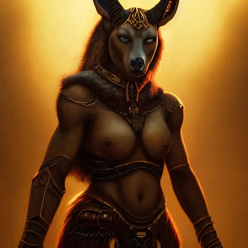 Image similar to Majestic gracious Anubis female warrior portrait, atmospheric lighting, painted, intricate, volumetric lighting, beautiful, rich deep colors masterpiece, golden hour, sharp focus, ultra detailed, by Leesha Hannigan, Ross Tran, Thierry Doizon, Kai Carpenter, Ignacio Fernández Ríos