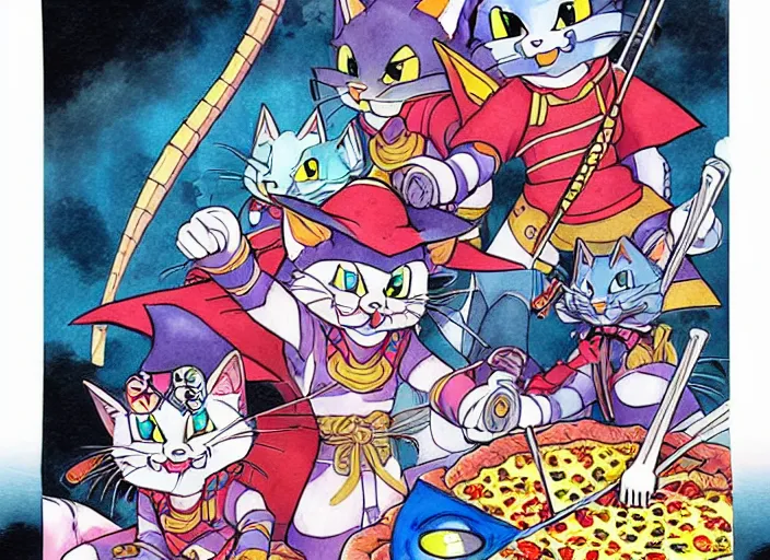 Prompt: samurai pizza cats, ink and watercolor illustration masterpiece, perfectly realistic yet surreal, by ryan ottley and mœbius and thomas kinkade