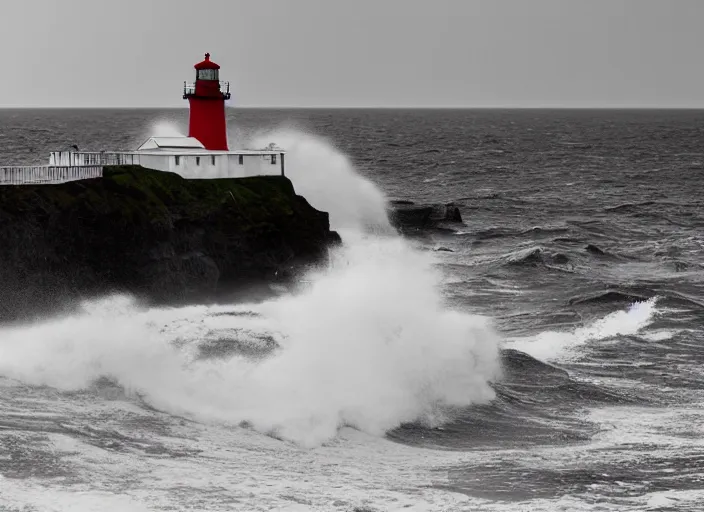 Image similar to lighthouse in a storm. lonely, churning waves, splashing on lighthouse. warm lighting