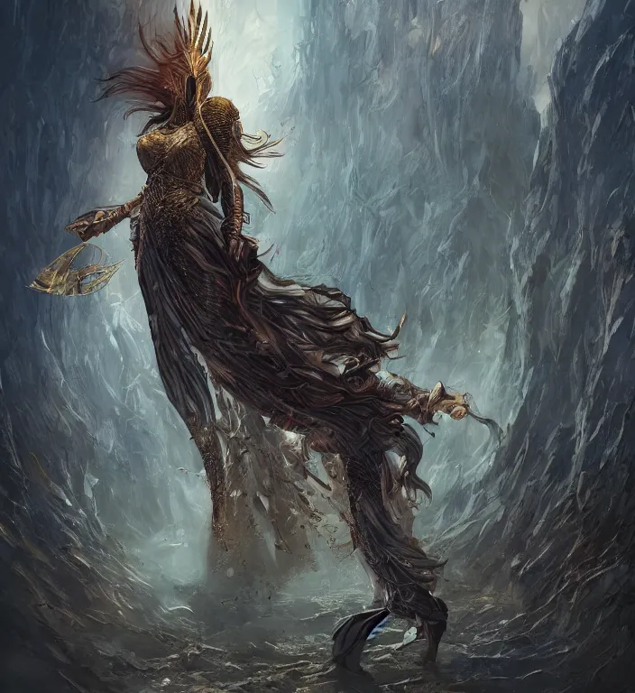 Image similar to full body shot + illustration of a goddess, dark souls colour scheme, establishing shot, coherent, high detailed, kerem beyit, Karol Bak, featured on artstation