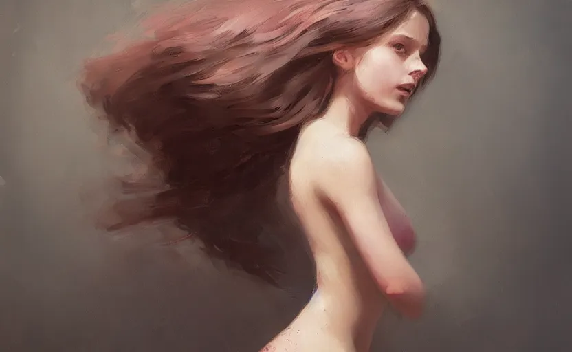 Image similar to a painting of little alice trending on artstation in the style of greg rutkowski, beautiful, female, sensual, natural skin, soft lighting, brown hair, curvy build, natural sensuality, pink, blue