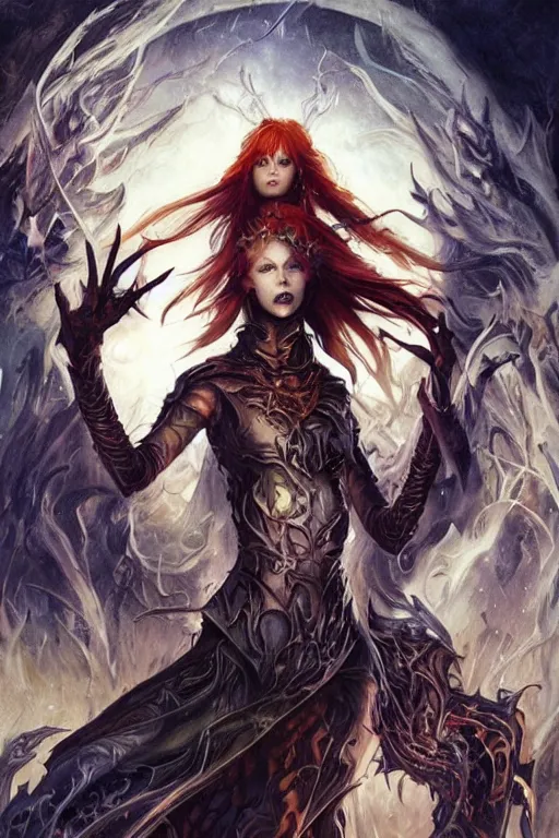 Image similar to young redhead Spellcaster on their knees worshiping spell book, S&D dark fantasy style, sharp focus, ultra detailed, art by Artgerm and Peter Andrew Jones, Karol Bak, Ayami Kojima, Amano and Olivier Ledroit