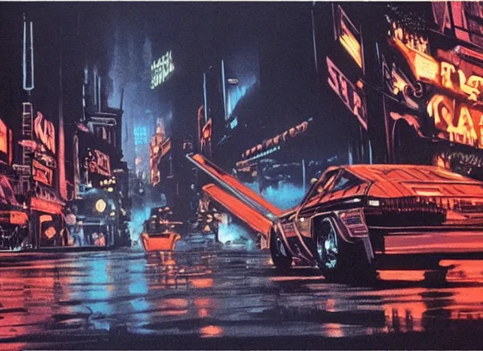 Image similar to a still from streets of fire ( 1 9 8 4 ), art by syd mead, very detailed, cinematic, high quality art,