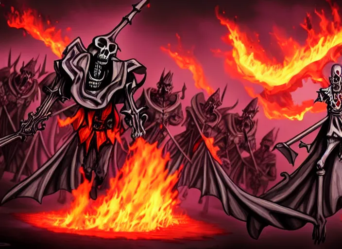 Image similar to ainz ooal gown leading the undead army to battle riding a flaming skeleton horse, art by so - bin