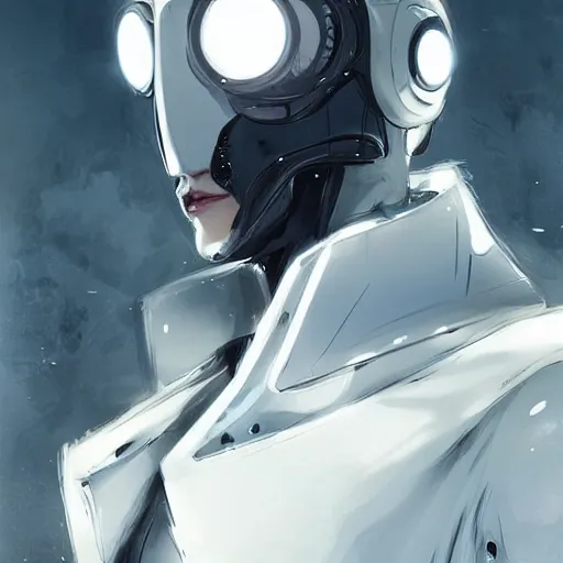 Prompt: portrait of a male character with many robotic eyes in sleek clothes, in a flowing white tailcoat, wearing a futuristic insectoid white mask with five round lenses for eyes, many eyes, dramatic lighting, illustration by Greg rutkowski, yoji shinkawa, 4k, digital art, concept art, trending on artstation