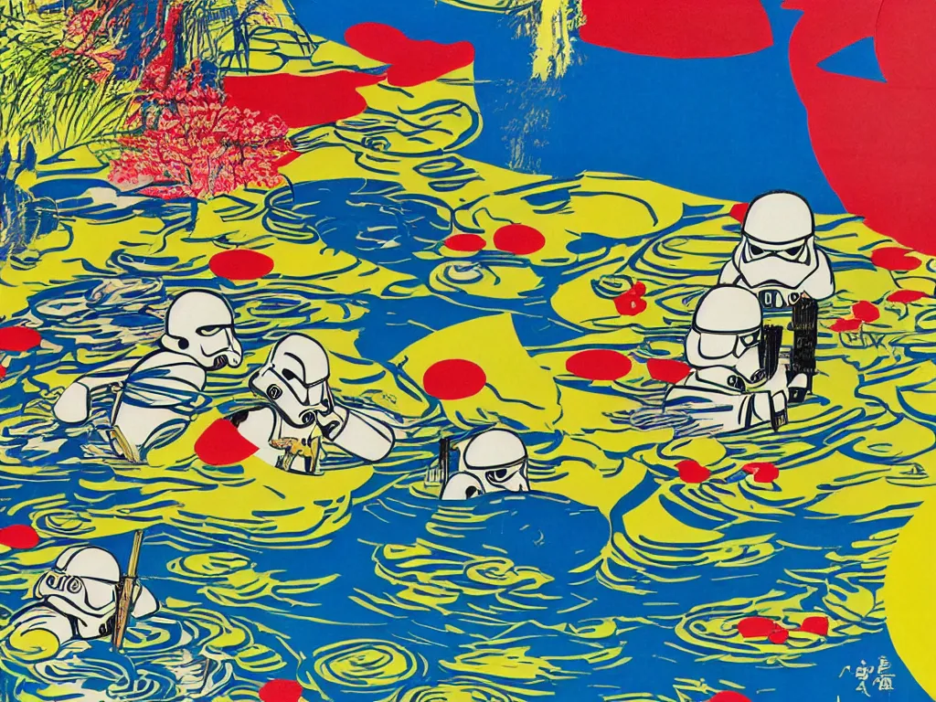 Image similar to close - up image of a japanese house with a pond, stormtroopers sitting around it, in style of pop - art, andy warhol, roy lichtenstein, jackie tsai, bright palette, acrylic on canvas