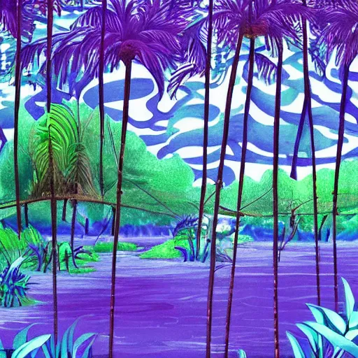 Prompt: blue jungle on purple beach