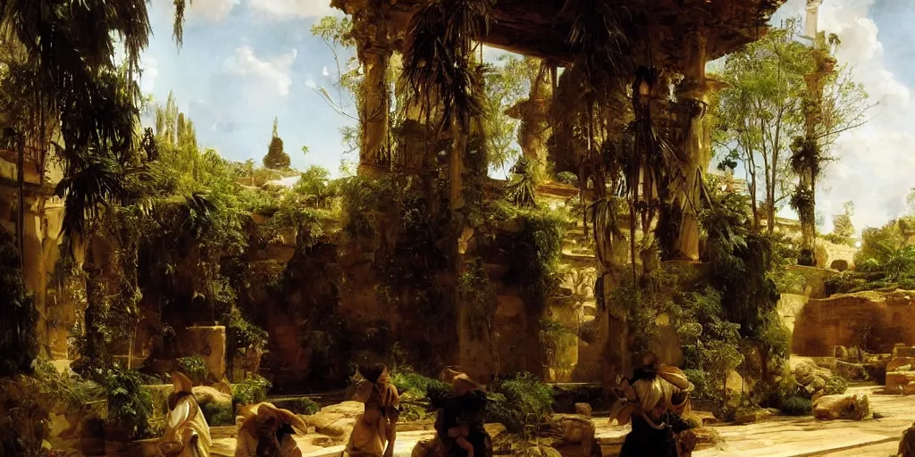 Image similar to beautiful landscape oil matte painting, of bustling empire hanging gardens of babylon, art by anders zorn, wonderful masterpiece highly detailed, beautiful cinematic light deep focus, elegant, digital painting, smooth, sharp focus, golden ratio, dramatic illumination, ultra realistic, 8 k, art by artemisia lomi gentileschi and caravaggio