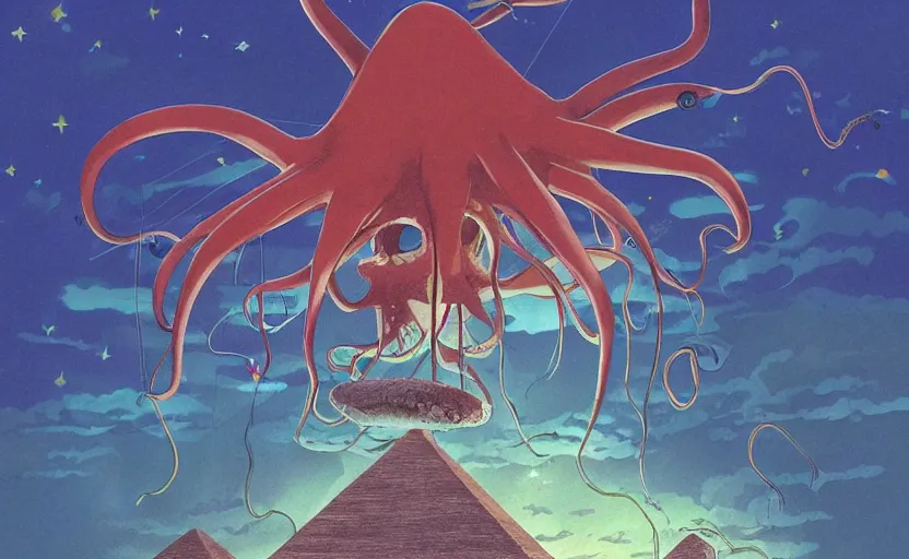 Image similar to a realistic cell - shaded studio ghibli concept art from paprika ( 2 0 0 6 ) of a flying multi - colored octopus from close encounters of the third kind ( 1 9 7 7 ) and dimensional portal to another world above a flooded pyramid complex on a misty starry night. very dull colors, wide shot, hd, 4 k, hq