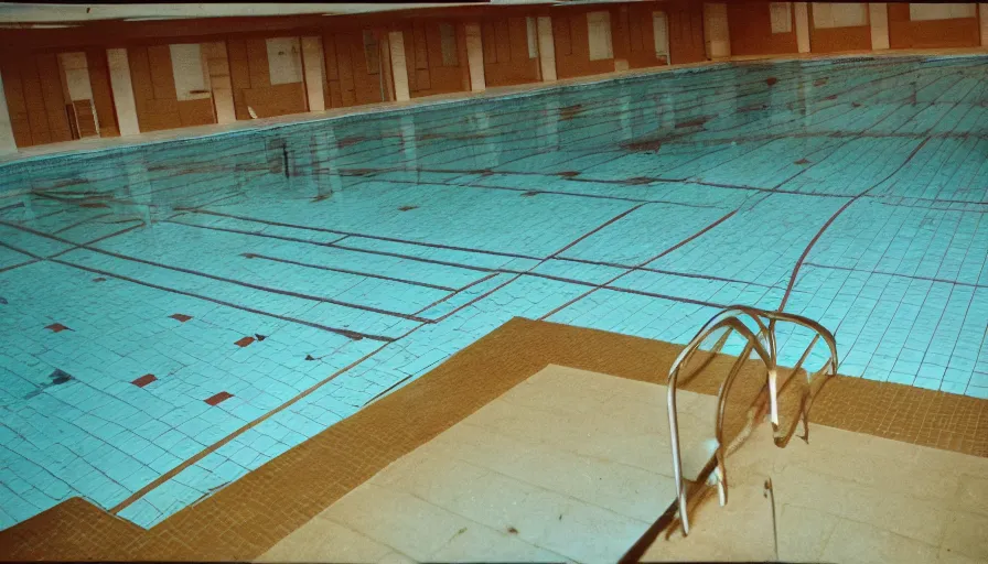 Prompt: 60s movie still of a sovietic stalinist style empty municipal swimming pool with tiles, cinestill 800t 50mm eastmancolor, liminal Space style, heavy grain-s 150