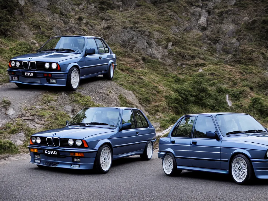 Prompt: a single modified bmw e 3 0 with lights on a mountain road, motion blur, 3 5 mm photography, car photography, clean lines, realistic