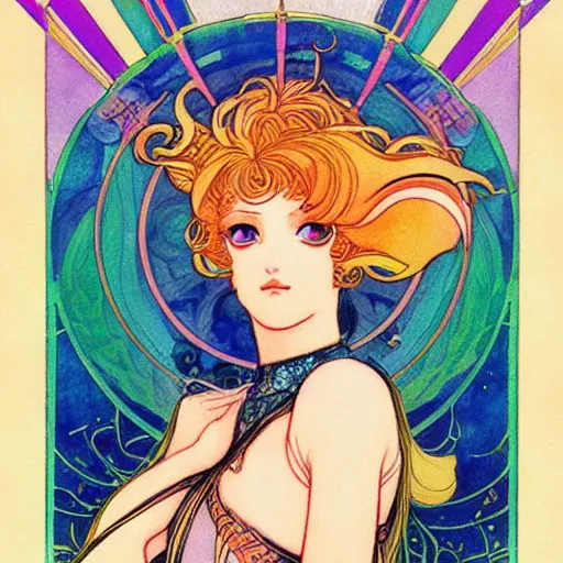 Prompt: the sailor galaxia. beautiful, realistic painting by mucha and kuvshinov and bilibin. synthwave watercolor, thick linings, manga, soviet realism