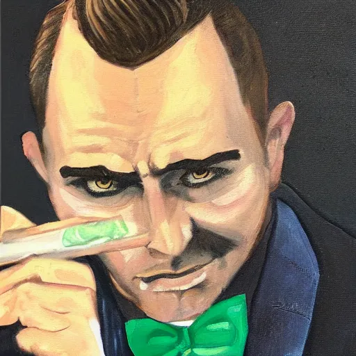 Prompt: a close - up painting of a gangster irish man with a fade haircut, wearing a suit, bowtie, and ring, lighting a cigar, highly detailed