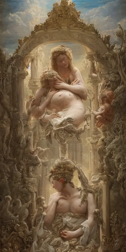 Image similar to a stunning and noble highly detailed romantic period style painting of the place where gods come into being by james jean, josep tapiro baro and harles sillem lidderdale, trending on artstation, oil painting masterpiece, symmetry, rule of thirds, mysterious