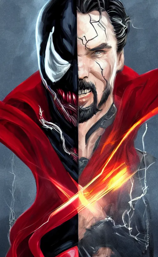 Image similar to venom as doctor strange, black and red suit, dynamic lighting, photorealistic fantasy concept art, trending on art station, stunning visuals, terrifying, creative, cinematic