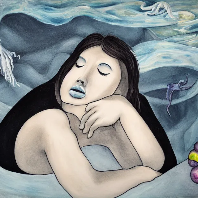 Image similar to a female art student falling asleep, misty, iceberg, black paint, dark, sensual, polar bear, cloudy, squashed berries, octopus, neo - impressionist, surrealism