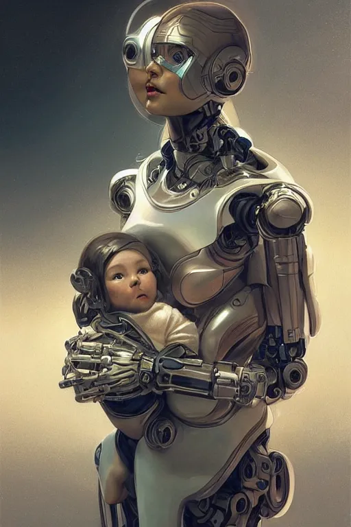 Image similar to ultra realistic illustration, robot woman carrying a baby + face, cyberpunk, sci - fi, fantasy, intricate, elegant, highly detailed, digital painting, artstation, concept art, smooth, sharp focus, illustration, art by artgerm and greg rutkowski and alphonse mucha