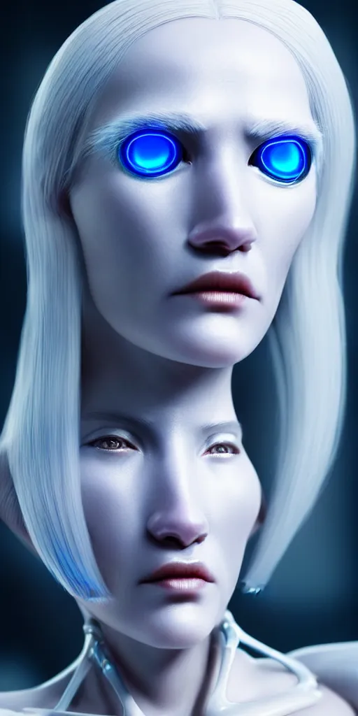 Image similar to hyperrealistic close-up of art deco cyborg woman with white hair and pearlescent blue skin wayne barlowe machiej kuciara very dramatic lighting on one side wide angle 35mm shallow depth of field 8k