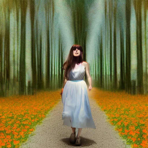 Prompt: a beautiful woman walking through an alien forest with flowers floating in the sky, cinematic, 8k, glowing