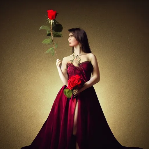 Image similar to a beautiful woman in a dress holding a rose against the backdrop of a dark night. she looks like a queen from ancient times.