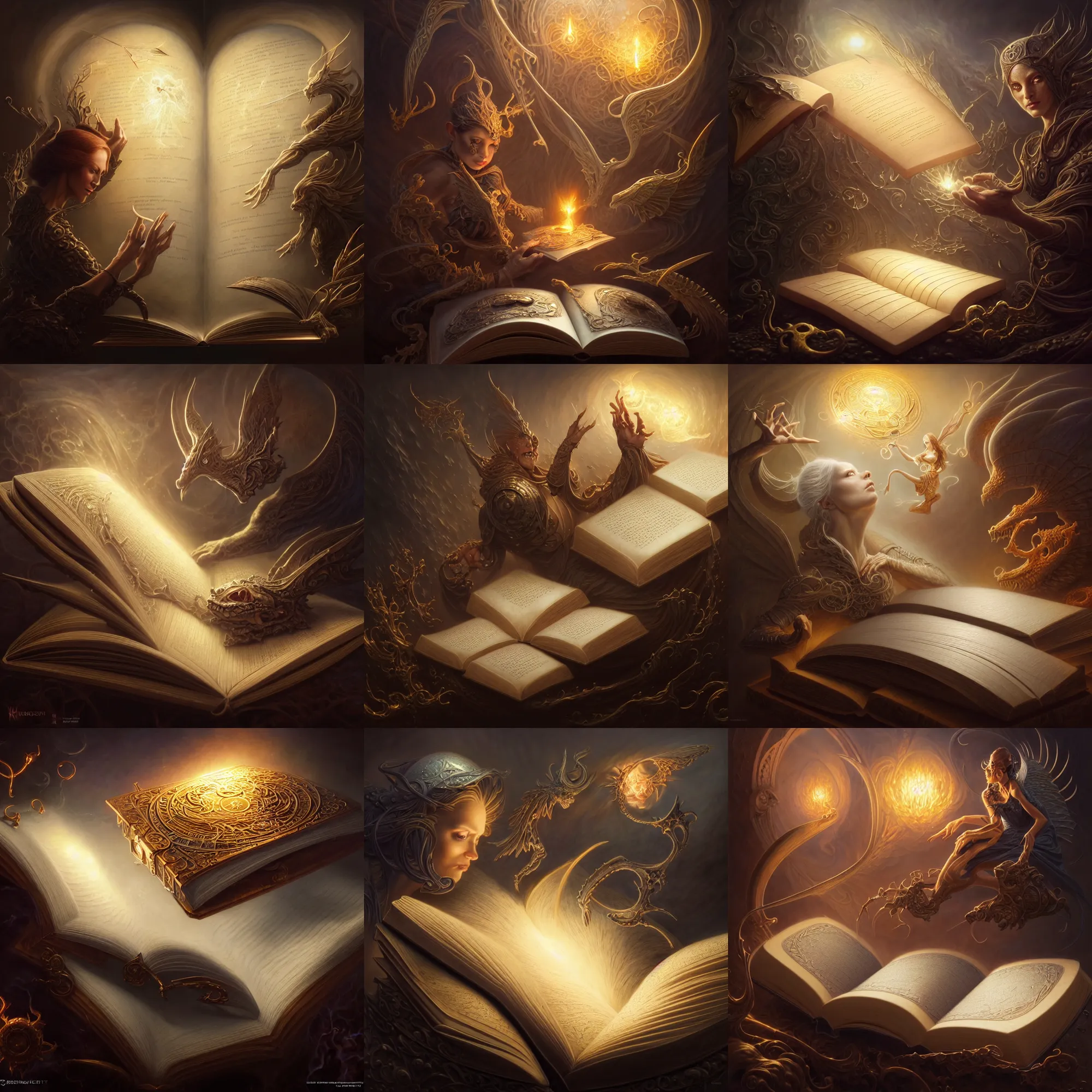 Prompt: opened magic book with spell illustrations, unreal engine realistic render, 8 k, micro detail, intricate, elegant, highly detailed, centered, digital painting, artstation, smooth, sharp focus, illustration, artgerm, tomasz alen kopera, peter mohrbacher, donato giancola, joseph christian leyendecker, wlop, boris vallejo