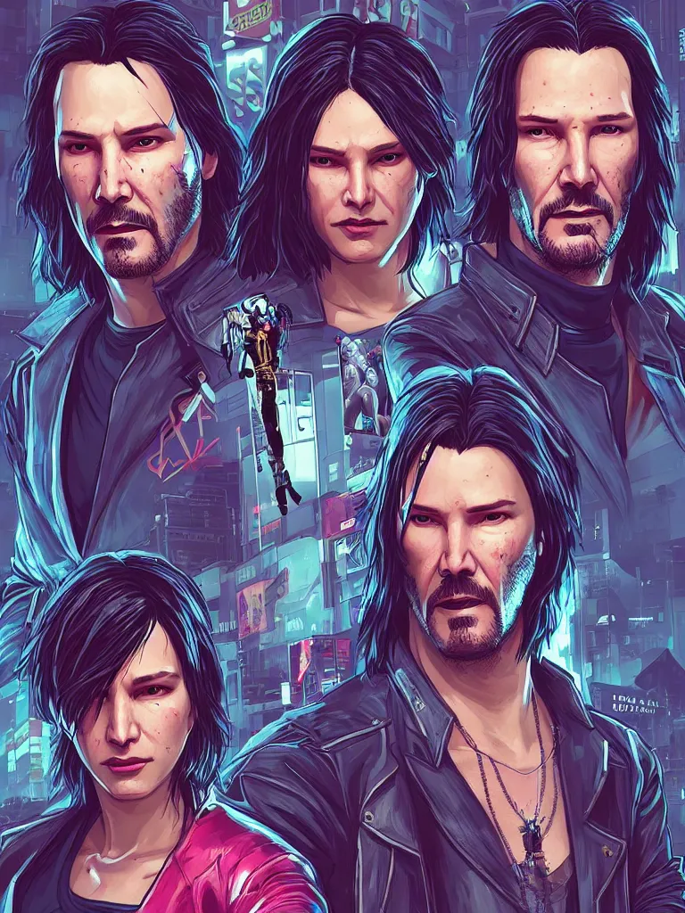 Image similar to a cyberpunk 2077 couple portrait of Keanu Reeves as Johnny Silver hand and female V in daily life ,love story, pray, hug, hold, kiss, film lighting, by Laurie Greasley, William Morris, Dan Mumford, John Wick, Speed, Replicas, Destination Wedding, The Lake House, artstation, full of color, Digital painting, face enhance, highly detailed,8K, octane, golden ratio, cinematic lighting