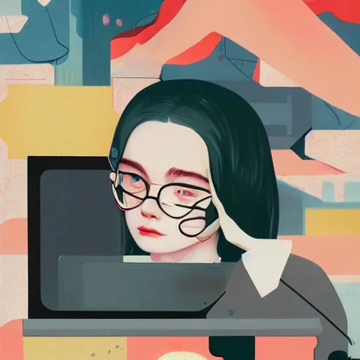 Prompt: Elle Fanning hacking a computer picture by Sachin Teng, asymmetrical, dark vibes, Realistic Painting , Organic painting, Matte Painting, geometric shapes, hard edges, graffiti, street art:2 by Sachin Teng:4