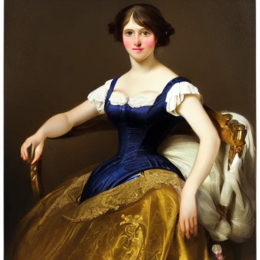 Image similar to full body portrait of a young german princess standing by a chair by Franz Xaver Winterhalter and Andreas Herman Hunæus painted in the 1860s, romanticism, vivid, fancy, beautiful face, rococo, clear, coherent