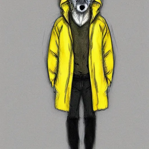 Prompt: a full-body sketch of an anthro mexican gray wolf face wearing a yellow raincoat from Dark (Netflix series)