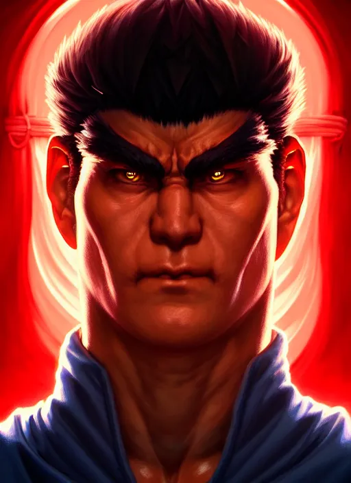 Image similar to symmetry!! portrait of evil ryu, street fighter iv, global illumination!! intricate, elegant, highly detailed, digital painting, artstation, concept art, smooth, sharp focus, illustration, art by artgerm and greg rutkowski and alphonse mucha