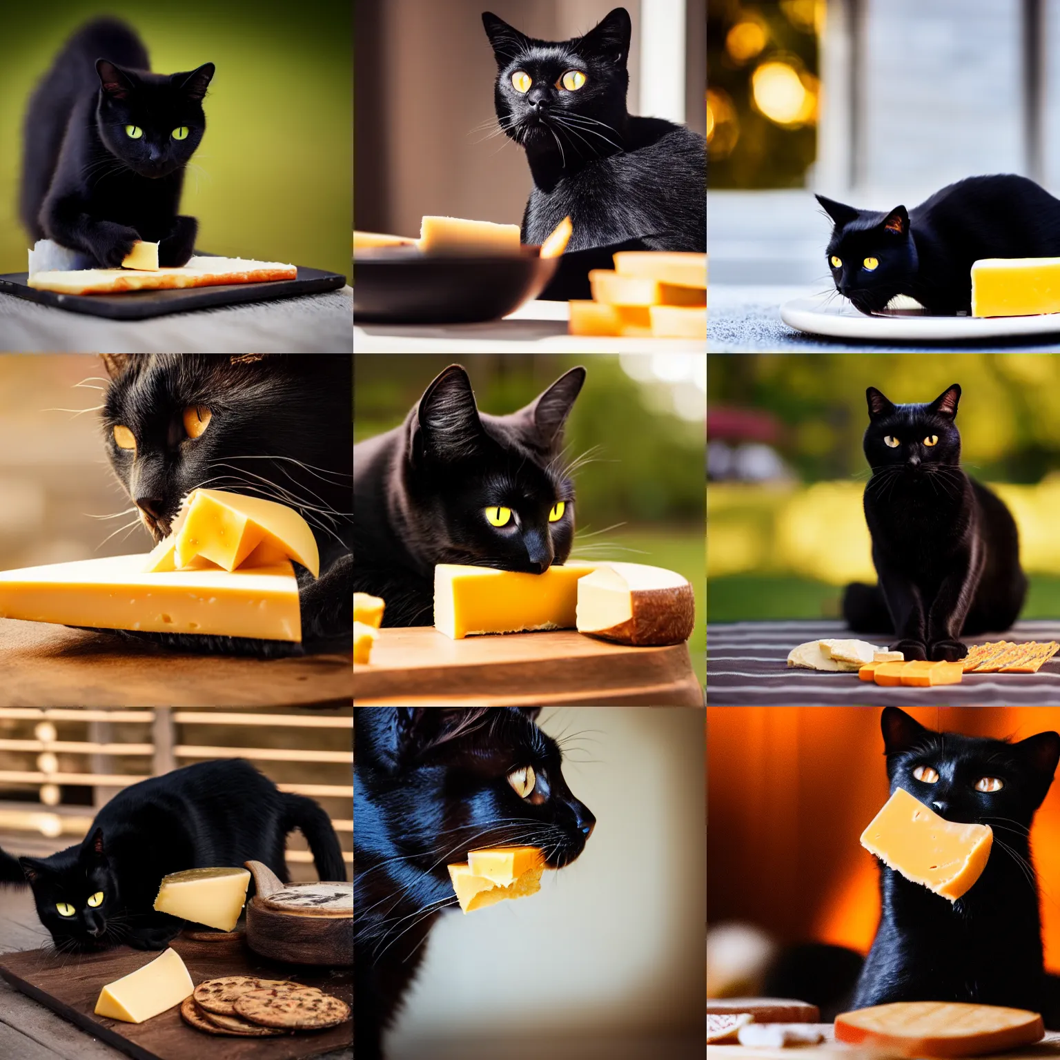 Prompt: fully black cat eating some cheese, hyper realistic, photography, golden hour, bokeh