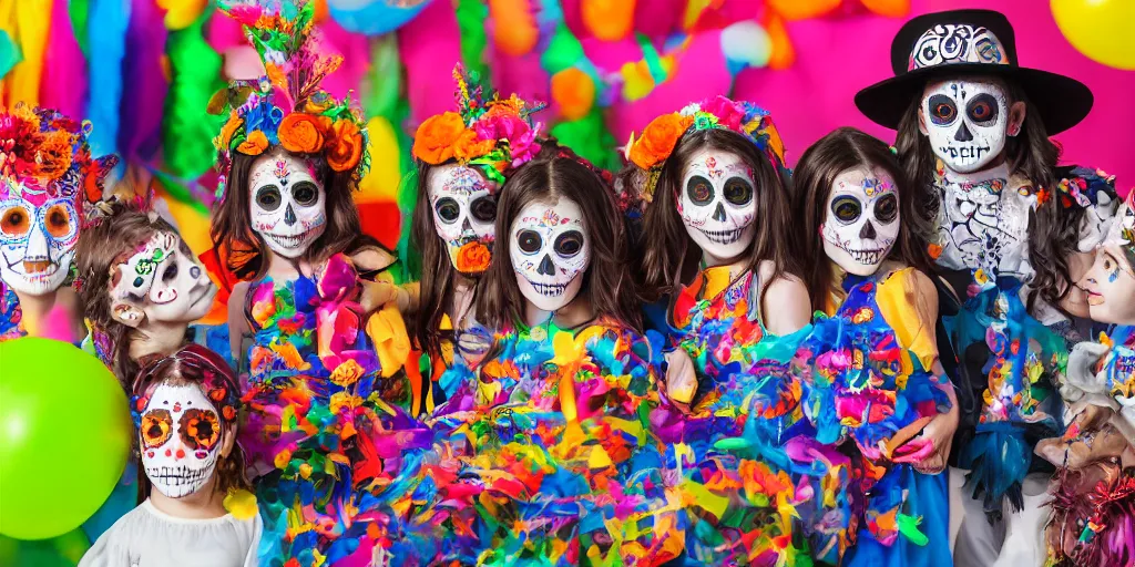 Prompt: day of the dead costumes, kids birthday party, kids birthday party, photoshoot, trending magazine, hyperrealistic, octane render,