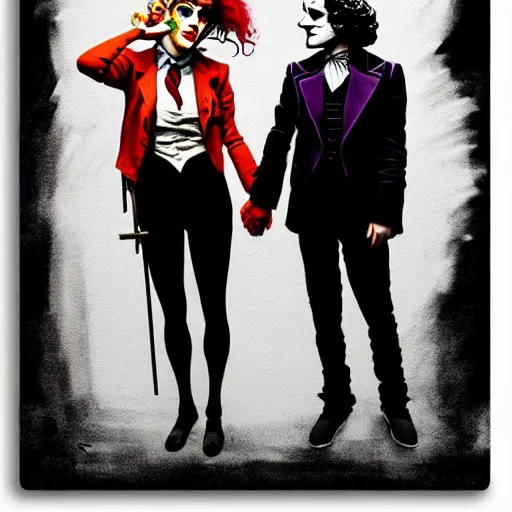 Prompt: ilya yefimovich repin and mimmo rottela and banksy as joaquin phoenix skinny joker, holding hand, lady gaga harley queen, ultra photorealistic, intricate details, pop art style, concept art, confident posse, justify content center, 2 colours, warm color, 4 k, ultra smooth, sharp focus