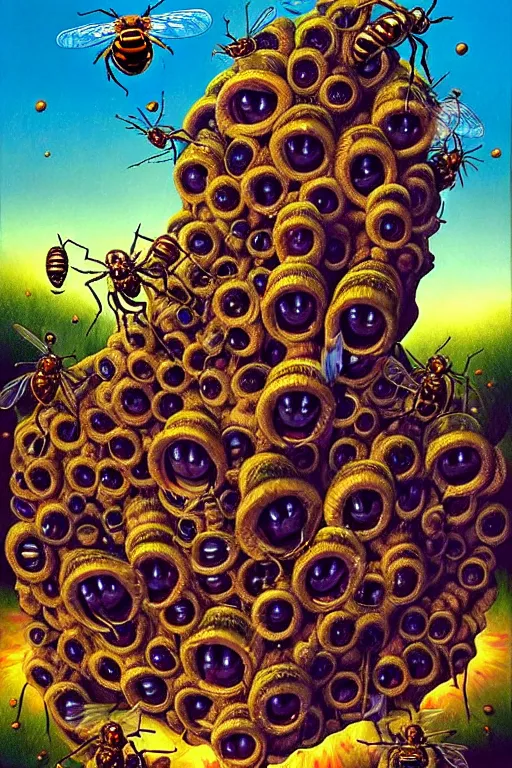 Image similar to a hyperrealistic painting of an epic boss fight against a mechanical hornets nest in a suburban neighborhood on a sunny day, cinematic horror by chris cunningham, lisa frank, richard corben, highly detailed, vivid color,