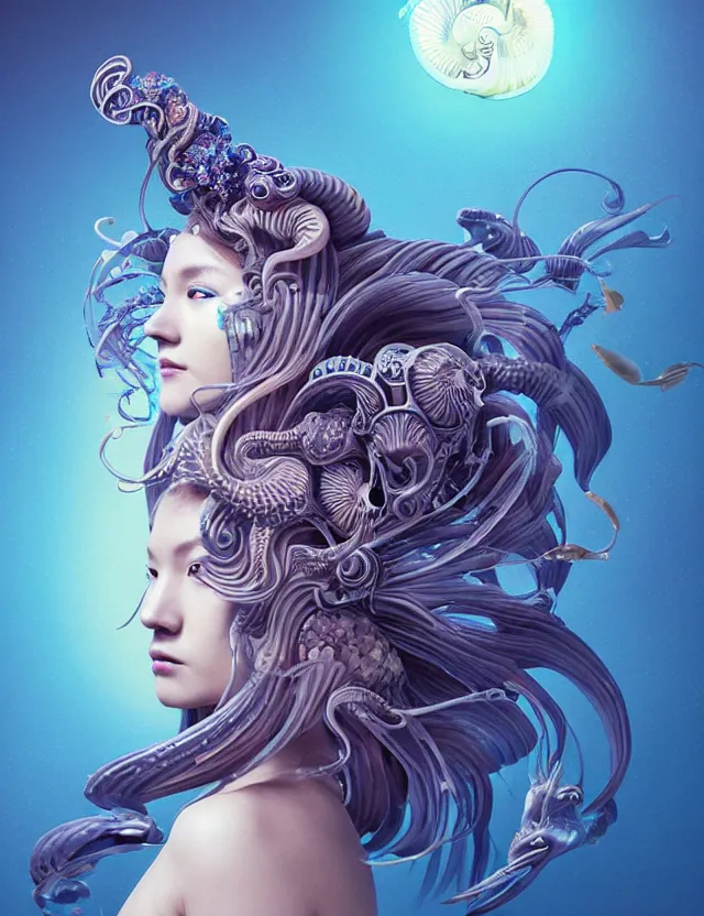 Image similar to 3 d goddess nautilus half - turn portrait with long hair with ram skull. beautiful intricately detailed japanese crow kitsune mask and clasical japanese kimono. betta fish, jellyfish phoenix, bio luminescent, plasma, ice, water, wind, creature, artwork by tooth wu and wlop and beeple and greg rutkowski