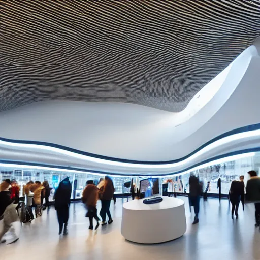 Image similar to A flagship Samsung store. white walls. timber floor. high ceilings with spots. curved white furniture with large digital screen. display tables with phones and tablets, pots with plants, digital screens on the walls, Architectural photography. 14mm. High Res 8K. award winning architectural design inspired by a Zaha Hadid, Foster and Partners, Calatrava, modern, high-tech, sci-fi