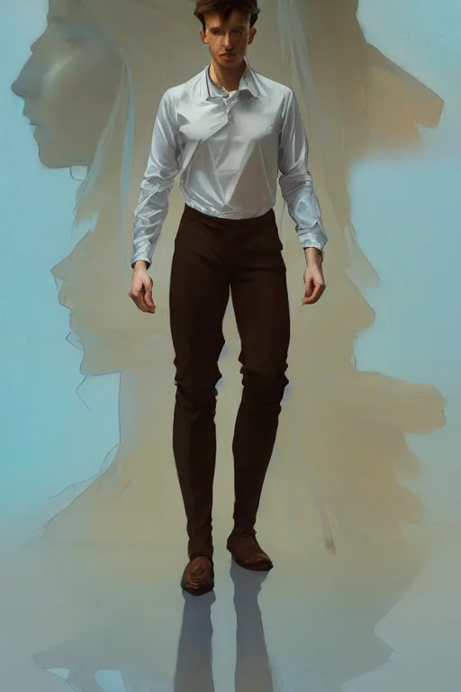 Image similar to full figure portrait of a single beautiful young fit man, dressed of modern transparent fluent shirt and large pants, by greg rutkowski and alphonse mucha, d & d character, gradient brown to cyan, interior design background, highly detailed portrait, digital painting, artstation, concept art, smooth, sharp focus ilustration, artstation hq