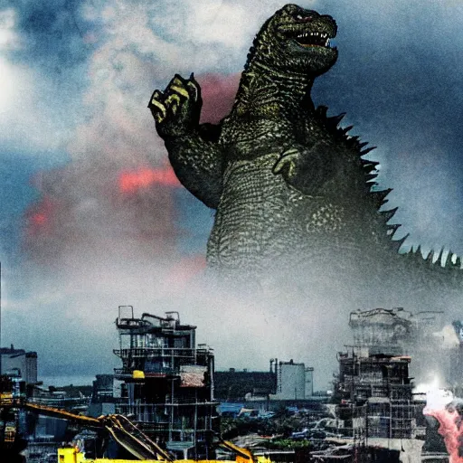 Image similar to godzilla attacking fukushima daiichi unit 4, dramatic lighting