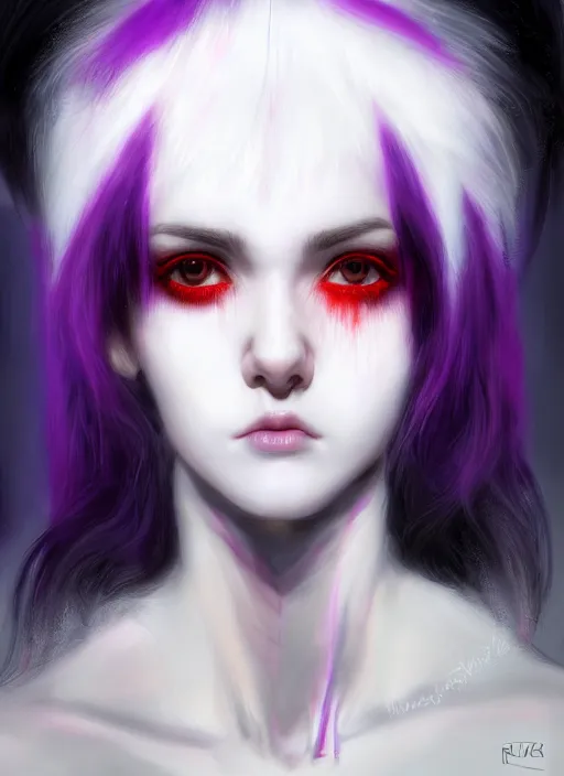 Image similar to hair blackbangs hair, white cyberlox, portrait of normal teenage girl, normal face, black bangs, messy bangs, fluffy bangs, cyberlox, whitebangs, red contact lenses, purple background, intricate, elegant, highly detailed, digital painting, artstation, concept art, sharp focus, smooth, illustration, art by wlop, mars ravelo and greg rutkowski