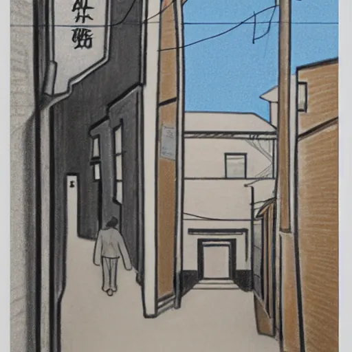 Image similar to a narrow alley in golden gai as depicted by lee ufan and hilma af klint and sketched by osamu tezuka