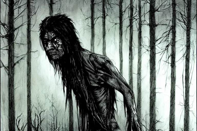 Prompt: mad native american skinwalker in grim forest artwork by ben templesmith