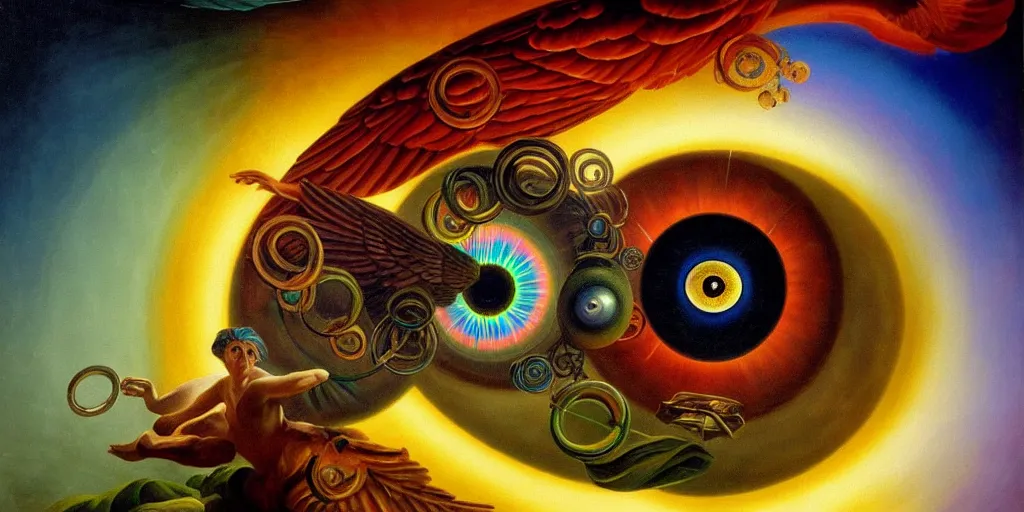 Image similar to painting of rainbow ophanim surrounded by large diagonally rotating rings, ophanim has bird wings, giant eyeball in the middle of the ophanim, by roberto ferri, amazing details, mythological, biblical, beautiful composition