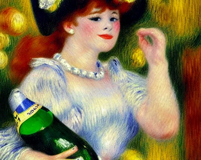 Image similar to vintage, melchizedek champagne bottle. cancan girl dancing, french, realistic, cheerful, 1 9 0 2, art by renoir